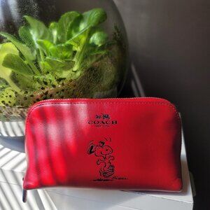 Red Coach x Peanuts Snoopy Cosmetic Bag Small Pouch Soft Leather